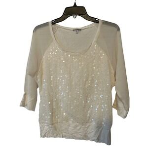 Express White Sequin‎ Embellished Sheer Sleeve Top Women's XS